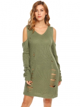 

Army green Cold Shoulder V-Neck Long Sleeve Front Ripped Loose Knit Dress, Multicolor