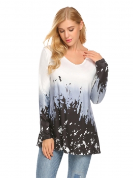 

Black Women -Neck Long Sleeve Printed Contrast Color T-Shirt, Multicolor