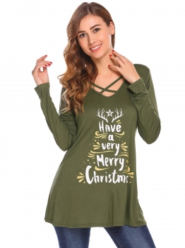 

Army green V-Neck Criss Cross Long Sleeve Christmas Print Casual Loose T-Shirt Top, Multicolor