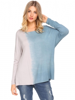 

Blue Women O Neck Long Sleeve Dip Dye Back Cowl Hole Loose Blouse Tops, Multicolor