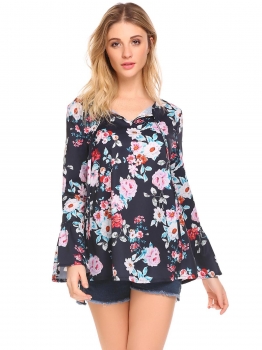 

Dark blue Women V Neck Floral Print Flare Long Sleeve Loose Blouses Tops, Multicolor