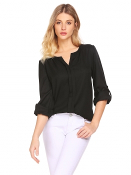 

Black Women Notch Neck Roll Up Sleeve Solid Casual Loose Fit Blouse Top, Multicolor