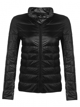

Black Lightweight Stand Collar Full Zip Slim Fit Packable Down Jacket w" Drawstring Pouch, Multicolor