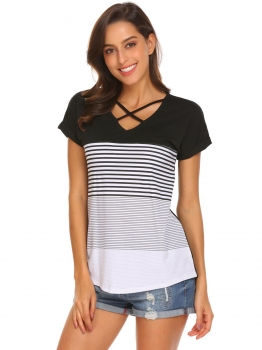 

Black Women Fashion O-Neck Short Sleeve Striped Cross T-Shirt, Multicolor