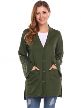 

Army green Women V-Neck Flare Sleeve Button Down Split Casual Loose Fit Cardigan with Pocket, Multicolor