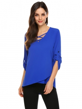 

Blue Women Casual Crossing Straps V-Neck Adjustable Sleeve Asymmetrical Hem Solid Chiffon Shirt, Multicolor