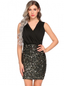 

Gold Women Sexy Ruched Wrap Front Sequin Bodycon Stretchy Mini Party Dress, Multicolor