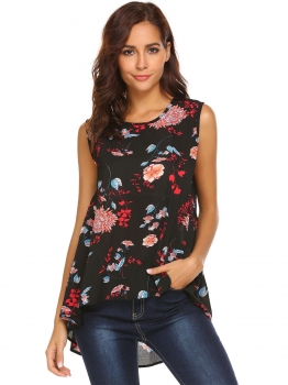 

Black red Women Casual O-Neck Sleeveless Prints A-Line Asymmetrical Hem Sexy Chiffon Vest Tops, Multicolor