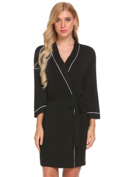 

Black Women V-Neck Sleepwear Contrast Color Robe with Belt, Multicolor