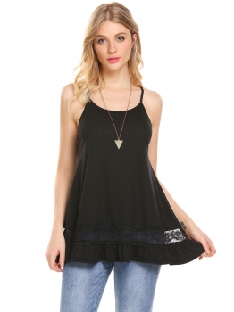 

Black Women Sexy Summer Lace Patchwork Ruffles Hem Casual Loose Fit Cami Tops, Multicolor