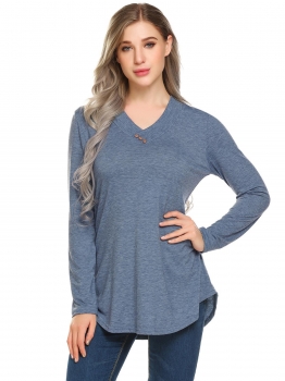 

Blue Women Casual V-Neck Long Sleeve Solid Regular Fit Sexy Blouse T-shirt Tops, Multicolor
