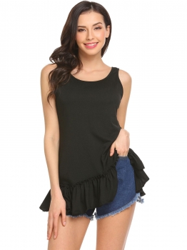 

Black Women Round Neck Solid Irregular Ruffles Hem Loose Fit Casual Tank Top, Multicolor