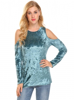 

Blue Women O-Neck Cold Shoulder Long Sleeve Casual Velvet T-Shirt Tops, Multicolor