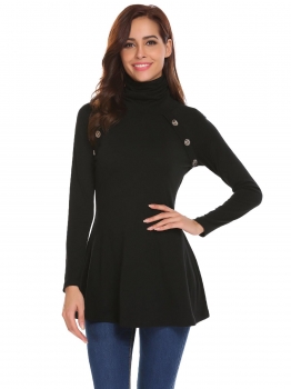 

Black Women Fashion High Neck Long Sleeve Solid Button T-Shirt, Multicolor