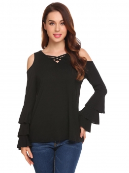 

Black Women Casual Crossing Straps V-Neck Flare Ruffle Long Sleeve Solid Sexy Blouse Casual Tops, Multicolor