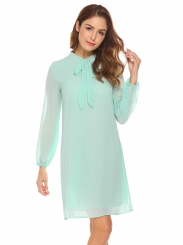 

Green Gray Women Casual Lace Up O-Neck Lantern Sleeve Solid A-Line Loose Chiffon Dress, Multicolor