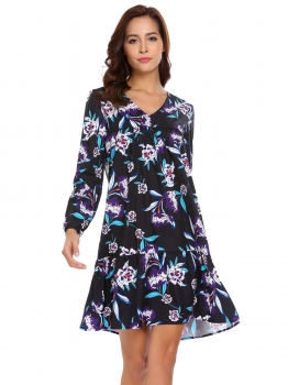 

Black Women Casual V-Neck Long Sleeve Elastic Cuffs Prints A-Line Pleated Sexy Dress, Multicolor