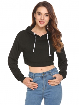 

Black Women Hooded Sweatshirts Long Sleeve Solid Casual Pullover Crop Top Hoodies, Multicolor
