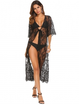

Black Women Casual Short Sleeve Floral Lace See Through Regular Fit Sexy Bikini Chiffon Cardigan, Multicolor