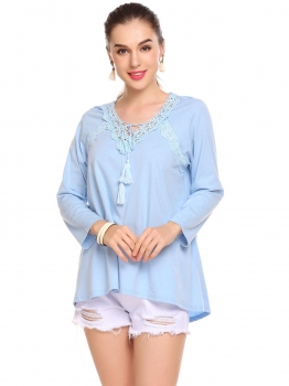 

Blue Women Casual O-Neck Long Sleeve Patchwork Crochet Asymmetrical Hem Sexy Blouse T-shirt Tops, Multicolor