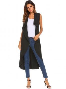 

Black Women Front Open Stitch Sleeveless Solid Vest Coat Cardigan with Belt, Multicolor