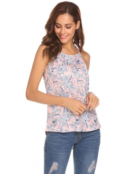 

Pink Women Spaghetti Strap Printed Strappy High Low Hem Cami Swing Vest Top, Multicolor