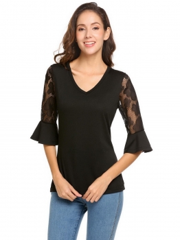 

Black Women Casual V-Neck Flare Sleeve Regular Fit Lace Patchwork Sexy Blouse T-shirt Tops, Multicolor