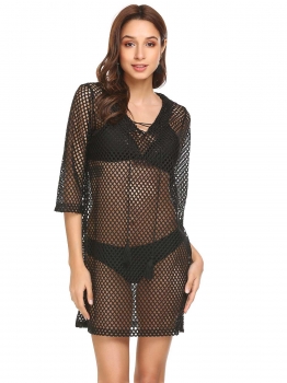 

Black 3"4 Sleeve Drawstring Criss-Cross Hollow Out Beach Cover Up, Multicolor