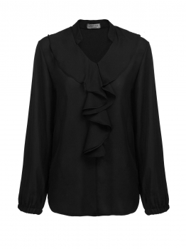 

Black Women Casual V Neck Puff Sleeve Solid Ruffles Loose Chiffon Shirt Blouse, Multicolor