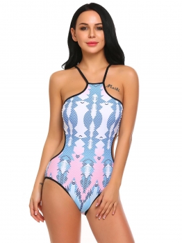 

Blue white Spaghetti Strap Sleeveless Floral Print One Piece Swimwear, Multicolor