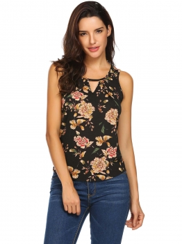 

Black Women Loose Casual O-neck Back Keyhole with Buckle Floral Tank Top, Multicolor