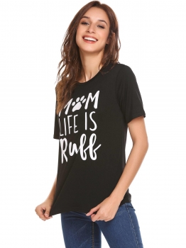 

Black Women Casual O-Neck Short Sleeve Letter Prints Regular Fit Pullover T-shirt Tops, Multicolor