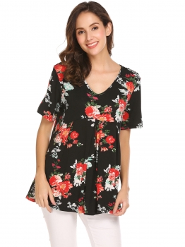 

Black Women Casual V-Neck Short Sleeve Prints Front Ruffle A-Line Hem Pregnant T-shirt Tops, Multicolor