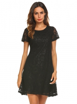 

Black Women Summer O-Neck Short Sleeve Floral Lace Casual Mini Dress, Multicolor