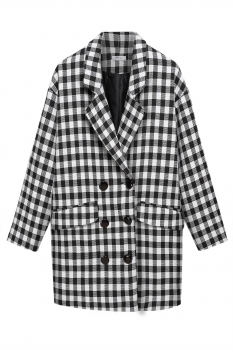 

Black Stylish Women Long Coat Double Breasted Long Sleeve Pockets Plaid Outwear Top Overcoat, Multicolor