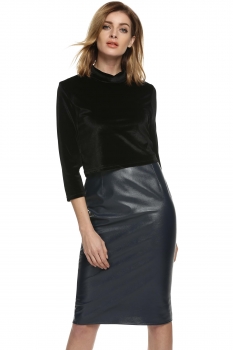 

Black Meaneor Elegant Fashion High Neck False Two Pieces Leather Patchwork Going Out Dresses, Multicolor