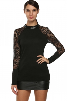 

Finejo Black Sexy Women's Lace Splicing Long Sleeve Blouse Knit Shirt Tank Casual Tops, Multicolor
