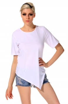 

White Summer Women O-Neck Short Sleeve Solid Casual Loose Irregular Hem Tank Tops T-Shirts, Multicolor