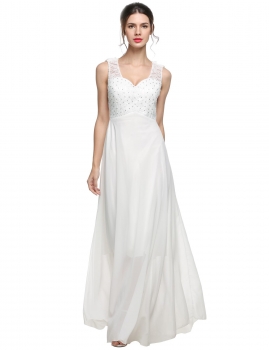 

White Backless Beaded Lace Patchwork Chiffon Wedding Maxi Dress, Multicolor