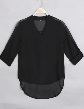 

Black V-Neck Long Sleeve Asymmetric Hem Loose Chiffon Blouse, Multicolor