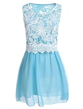 

Green Women's Ladies Women Crew Neck Sleeveless Lace Spliced Chiffon Casual Dresses, Multicolor