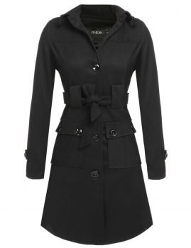 

Black Single-breasted Solid Trench Parka With Belt, Multicolor