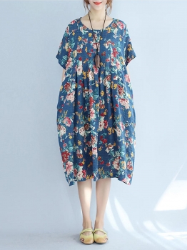 

O-Neck Pockets Side Floral Loose Fit Plus Size Dress, Dark blue