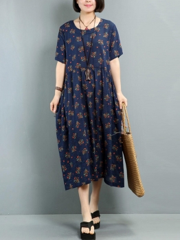 

Short Sleeve Floral O-Neck Loose Smock Dress, Royal blue