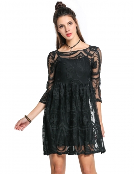 

Black 3"4 Sleeve Crochet Lace See-through Casual Dress, Multicolor