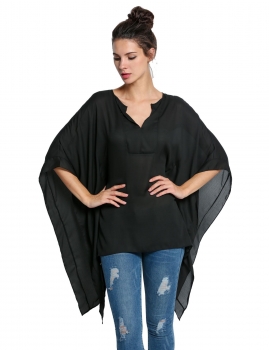 

Black Women Slit V-Neck 3"4 Batwing Sleeve Loose Solid Shirts & Blouses Casual Tops, Multicolor