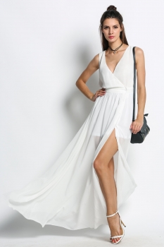 

White V-Neck Sleeveless High Side Slit Maxi Long Casual Dress, Multicolor