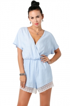 

Light blue V-Neck Batwing Short Sleeve Lace Loose Rompers, Multicolor