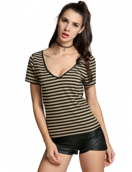 

Black Women Deep V-Neck Short Sleeve Striped Slim Tops & Blouses T-Shirts, Multicolor
