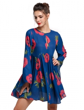 

Blue Ethnic Style Women Long Flare Sleeve Floral Print Mini Going Out Casual Dresses, Multicolor